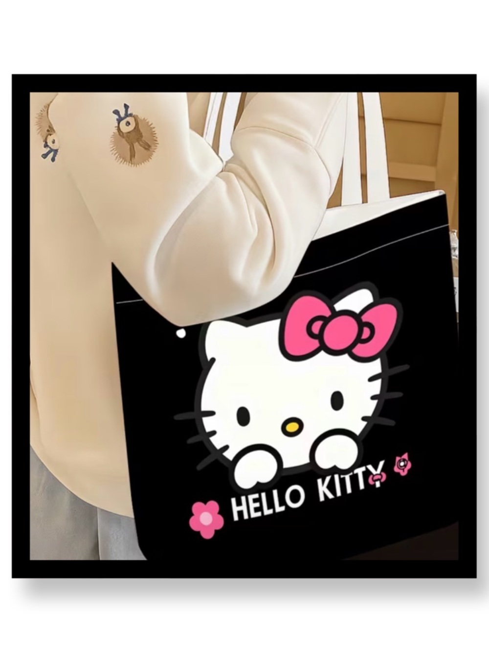 🆕 Hello Kitty Black Canvas Tote Bag with Pink Accents